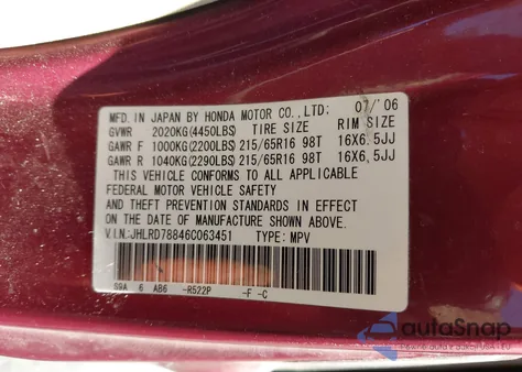 2006 Honda Cr-V Ex from USA, damaged, VIN JHLRD78846C063451